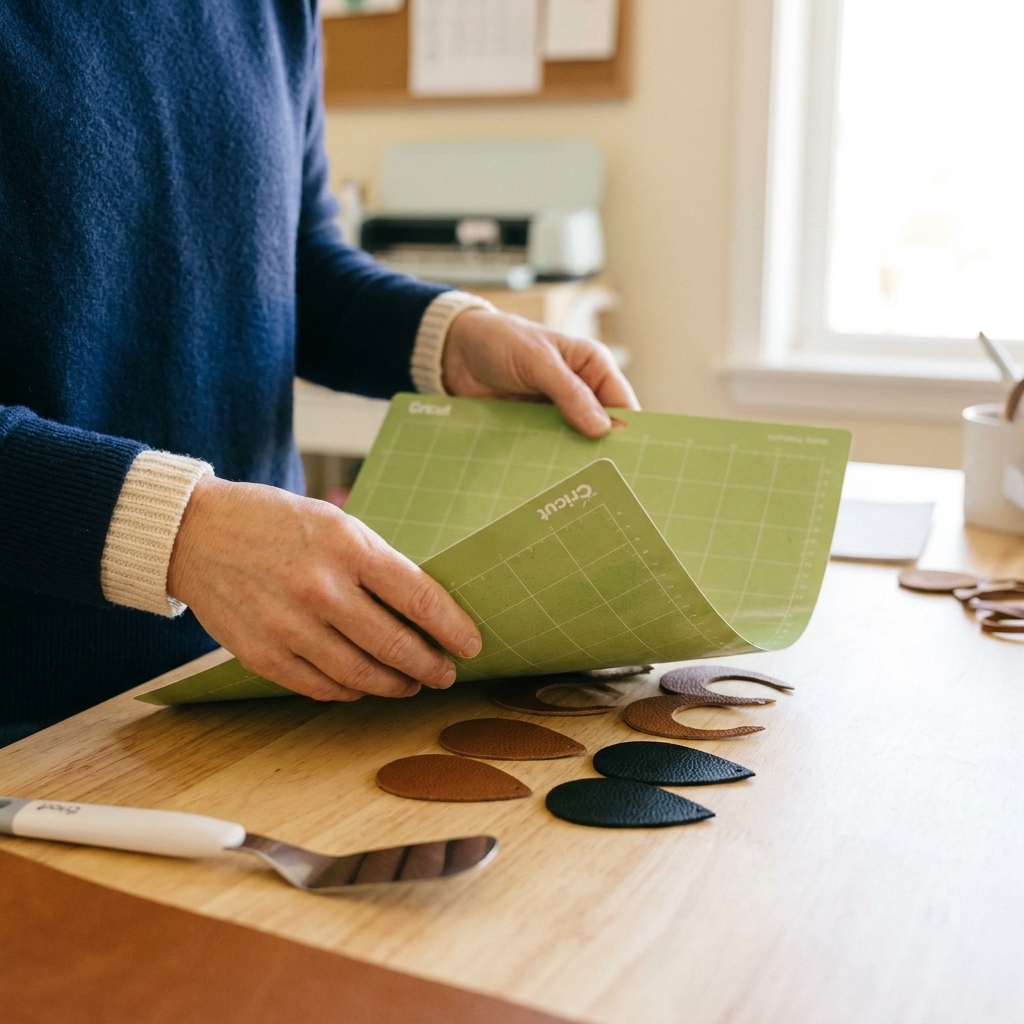 Hands flipping a Cricut cutting mat upside down and peeling the mat away from cut faux leather earring shapes to prevent curling