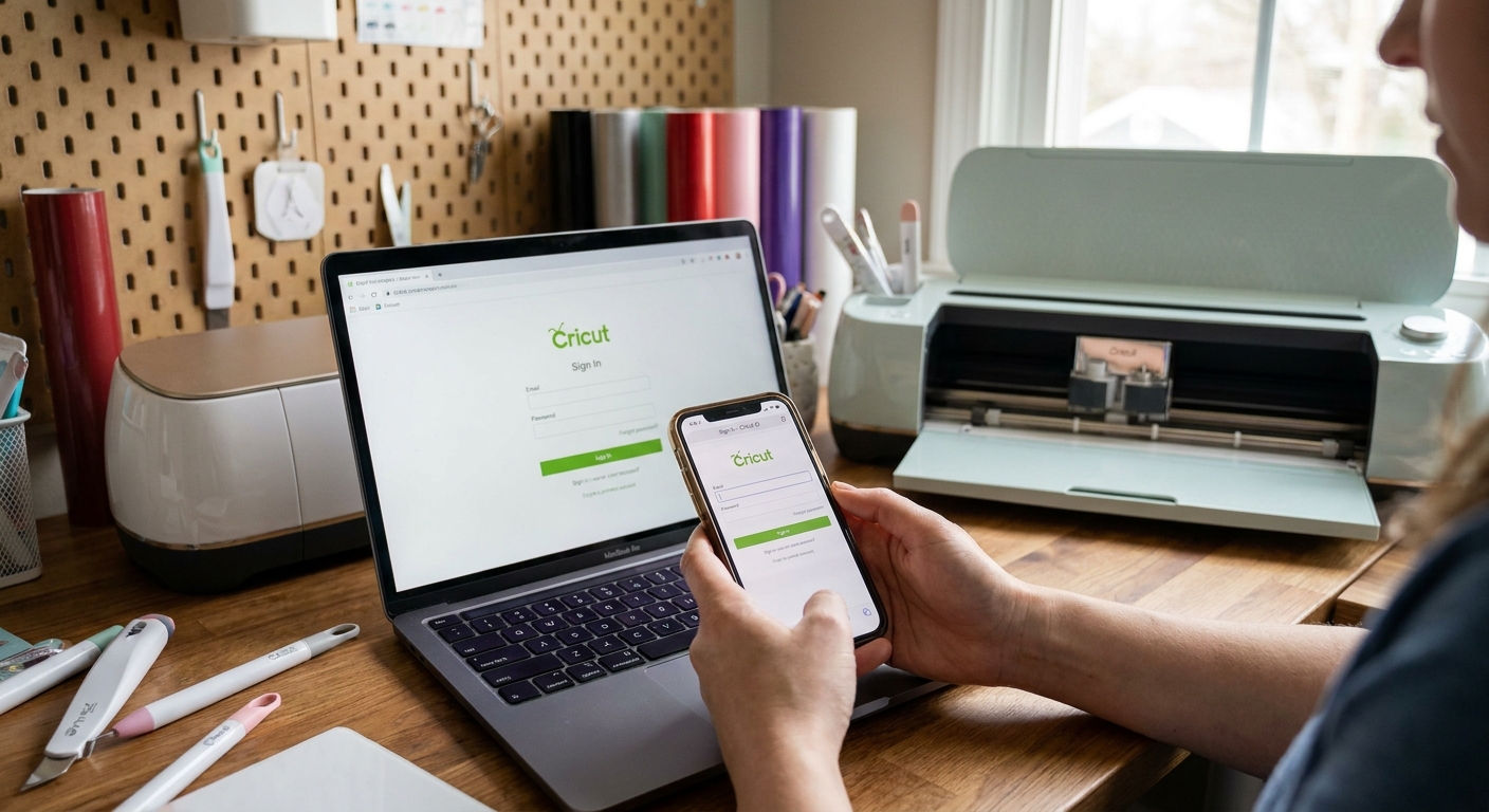 Hands holding a phone in front of a laptop, both showing a Cricut account login page in a home craft workspace