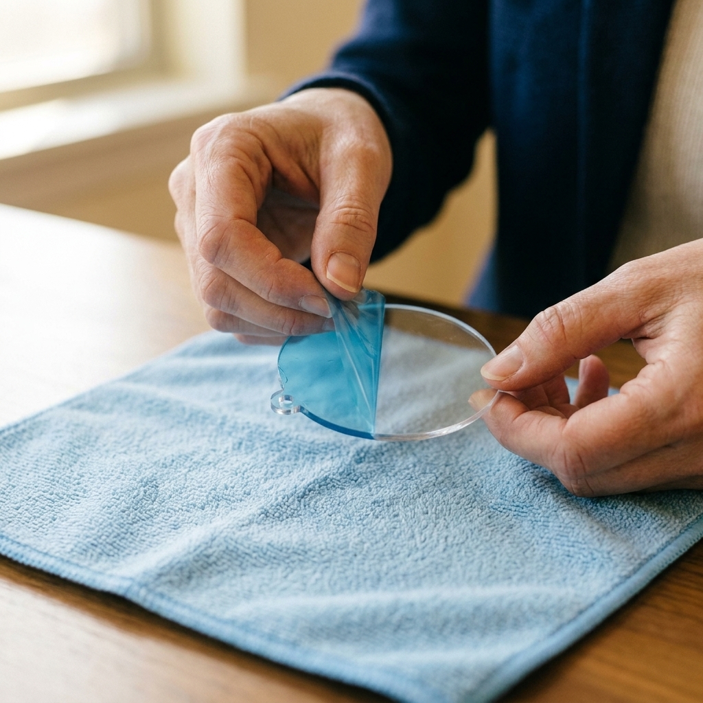 Hands peeling the thin protective film from the corner of a clear acrylic ornament blank on a microfiber cloth