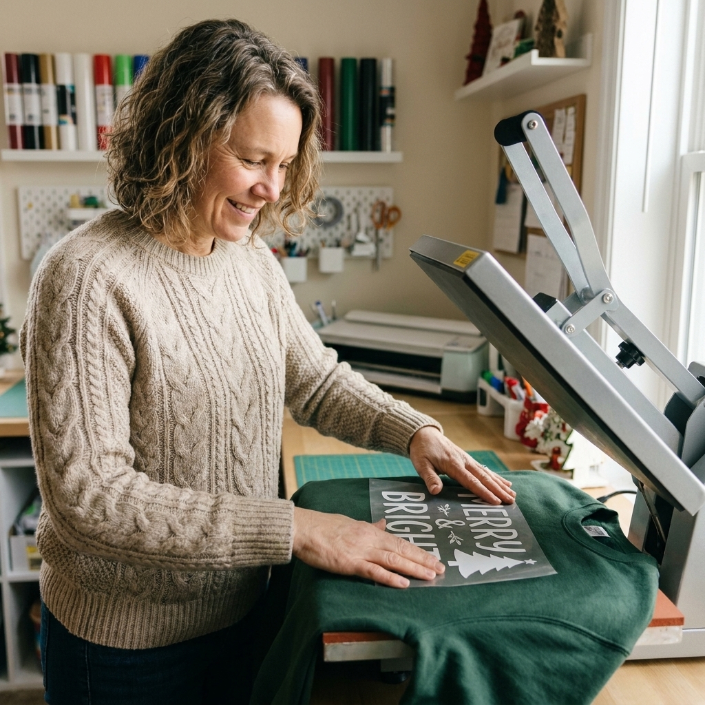 Hands placing a holiday HTV design on a green sweatshirt on a heat press platen in a home craft room