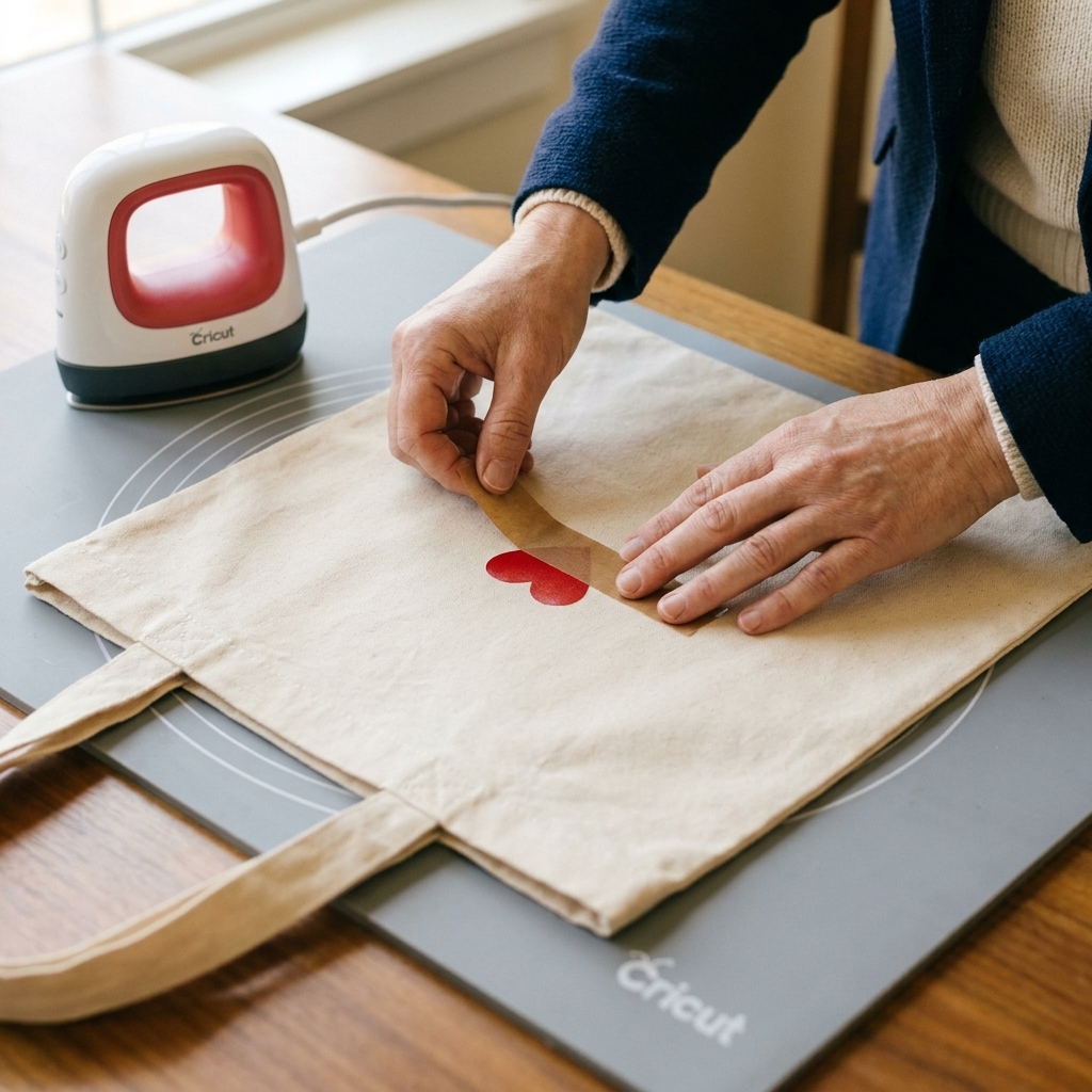 Hands placing heat-resistant-tape over a small HTV design on a cotton tote bag on a pressing mat