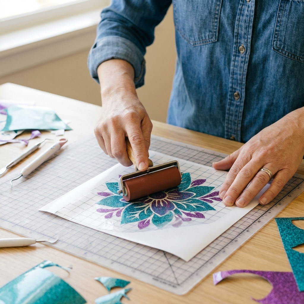 Hands pressing strong grip transfer tape onto a glitter vinyl decal using a brayer on a craft table