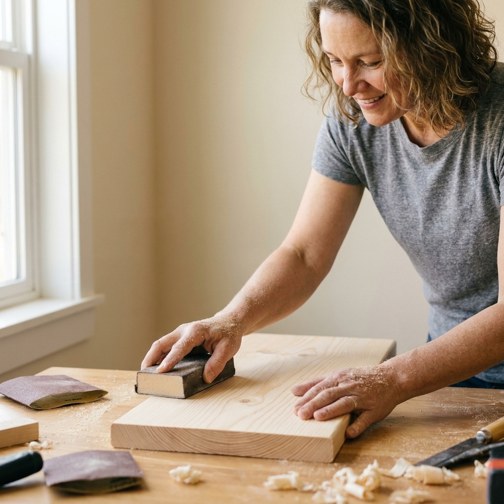 Hands sanding a raw pine board with a sanding block over a craft table