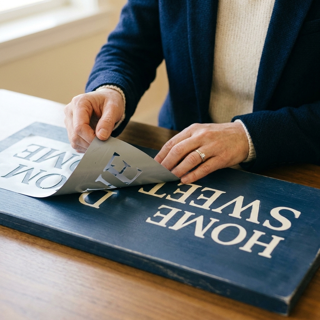 Hands slowly peeling removable vinyl stencil off a painted wooden sign