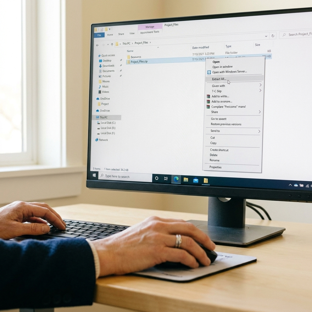 Hands using a mouse to right-click a ZIP file in Windows File Explorer with an extract option visible