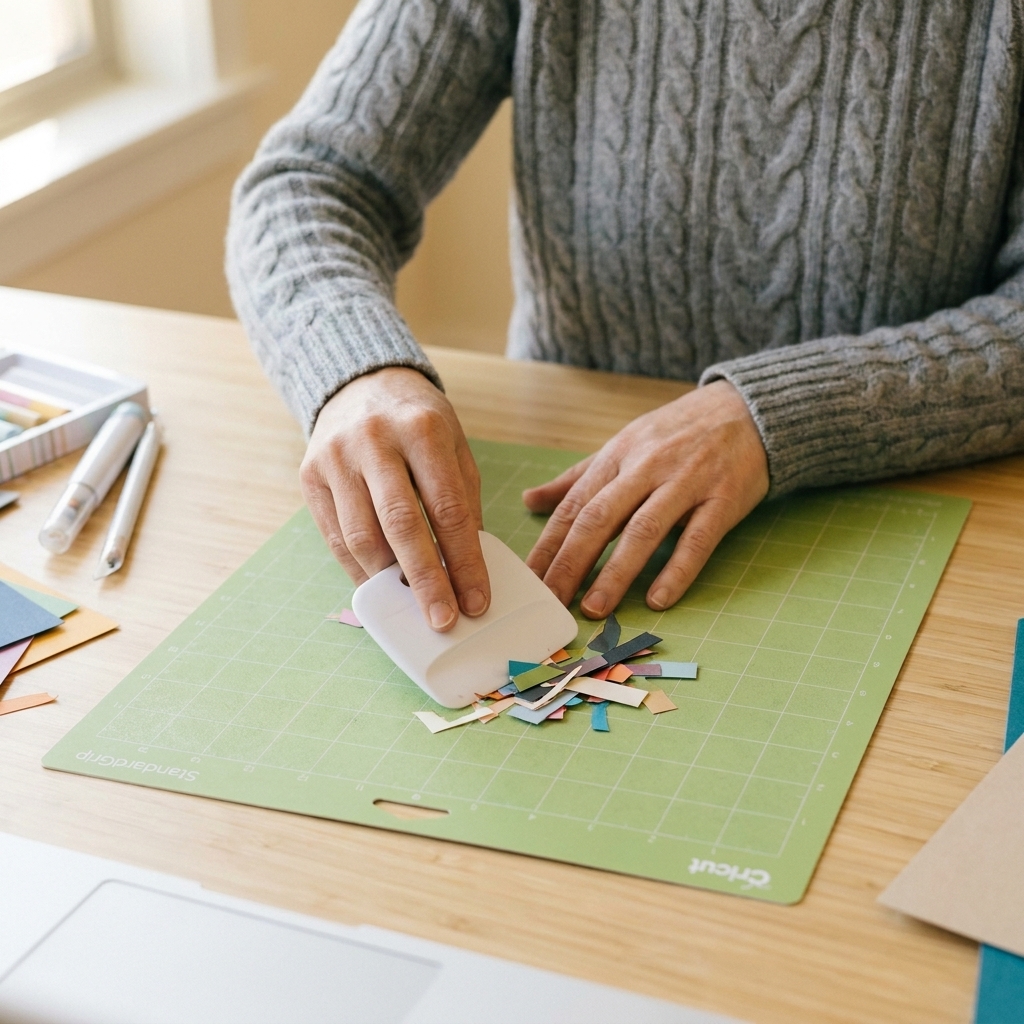 Hands using a plastic scraper tool to gently push cardstock scraps off a green StandardGrip Cricut cutting mat on a work table