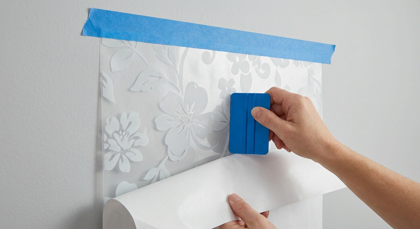 Hands using a plastic squeegee to apply a large vinyl wall decal panel to a painted wall with painter's tape acting as a top hinge