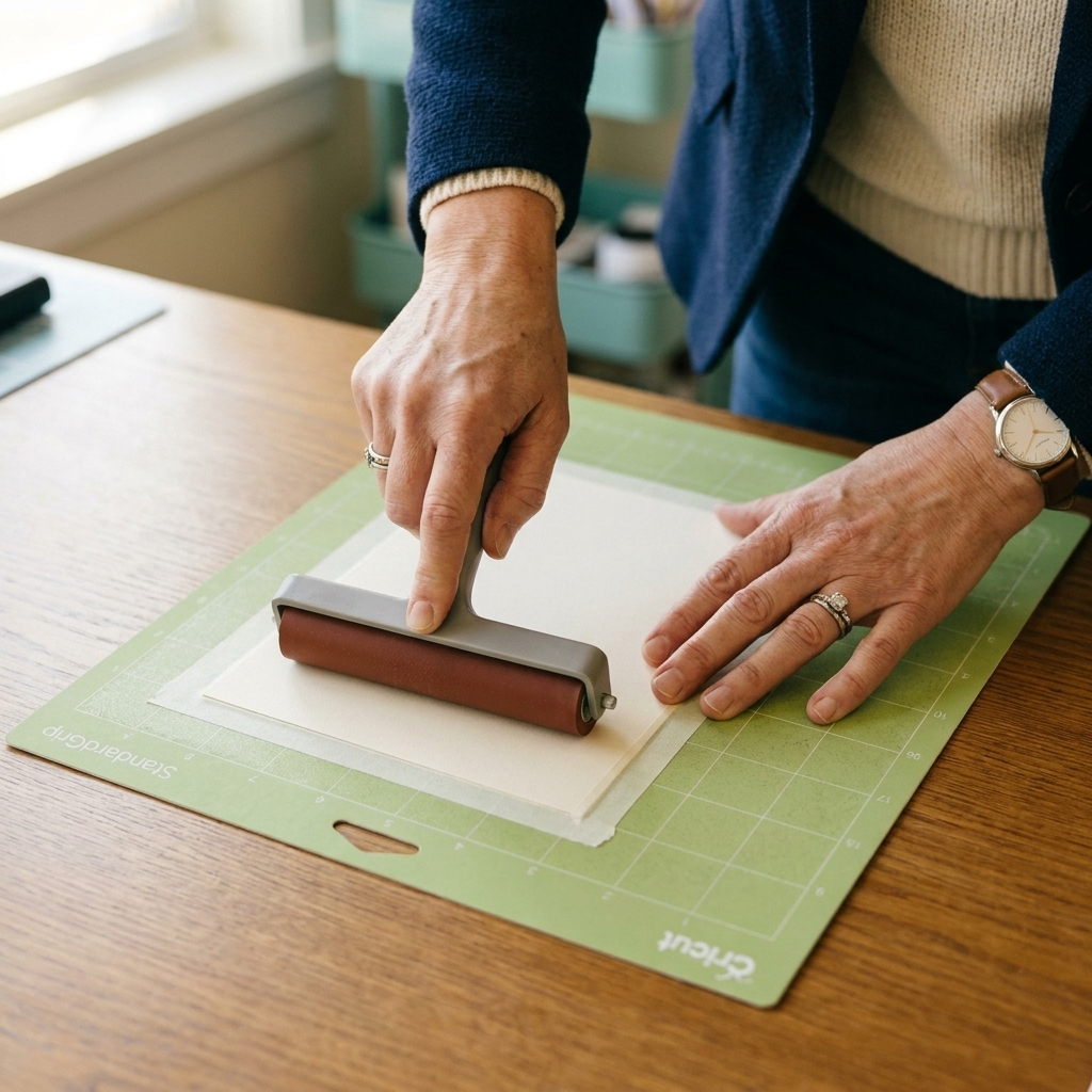 Hands using a rubber brayer to press cardstock firmly onto a green Cricut StandardGrip mat before cutting