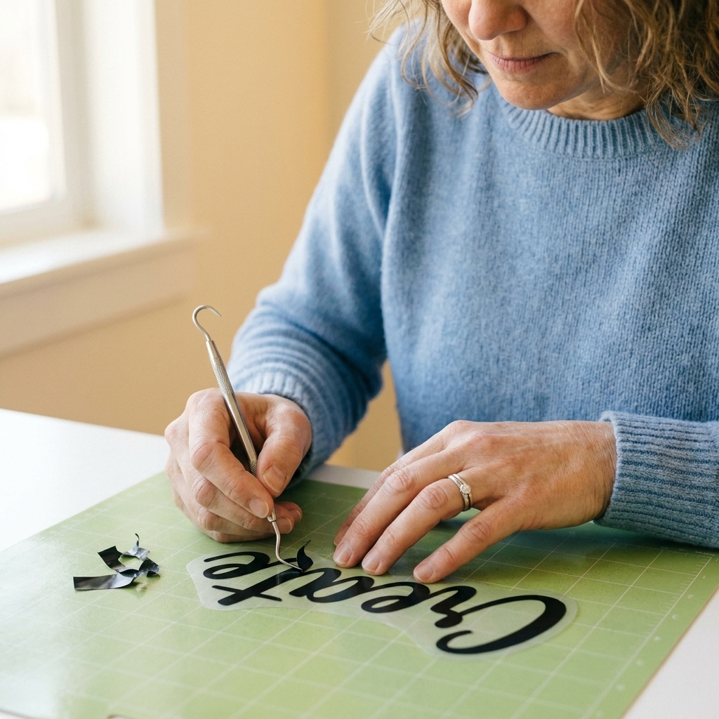 Hands using a weeding hook to remove excess vinyl from a script word decal on a cutting mat
