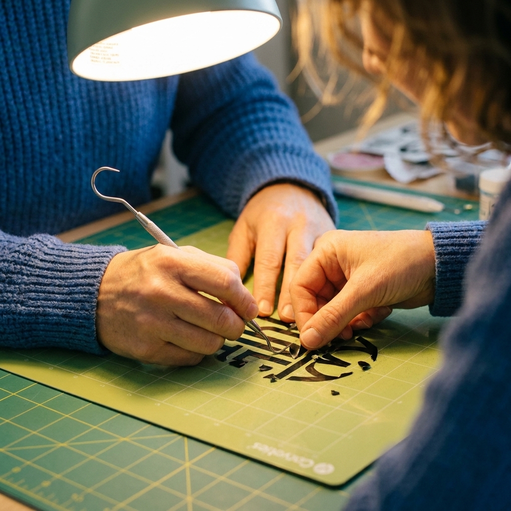 Hands using a weeding hook to remove small vinyl pieces from a decal on a cutting mat under bright craft lighting