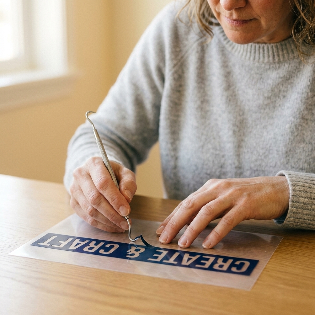 Hands using a weeding hook tool to remove excess iron-on vinyl from a mirrored text design on a clear carrier sheet