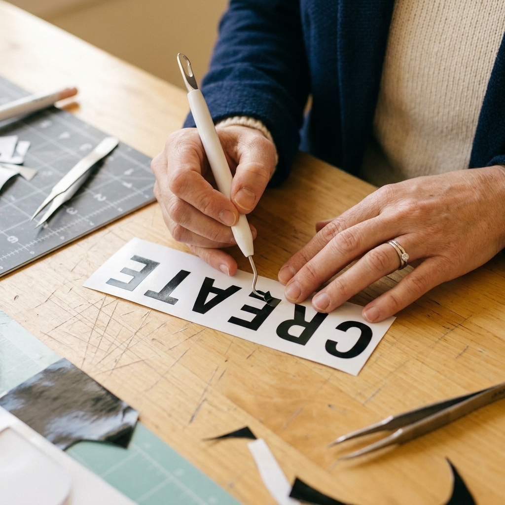 Hands using a weeding tool to lift small vinyl letters from a cut sheet on a craft table