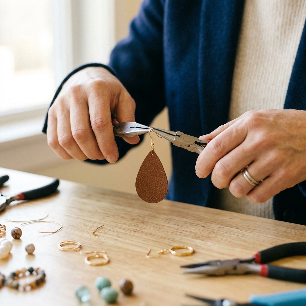 Hands using two pairs of pliers to twist open a small gold jump ring and attach a faux leather earring piece and a fishhook finding