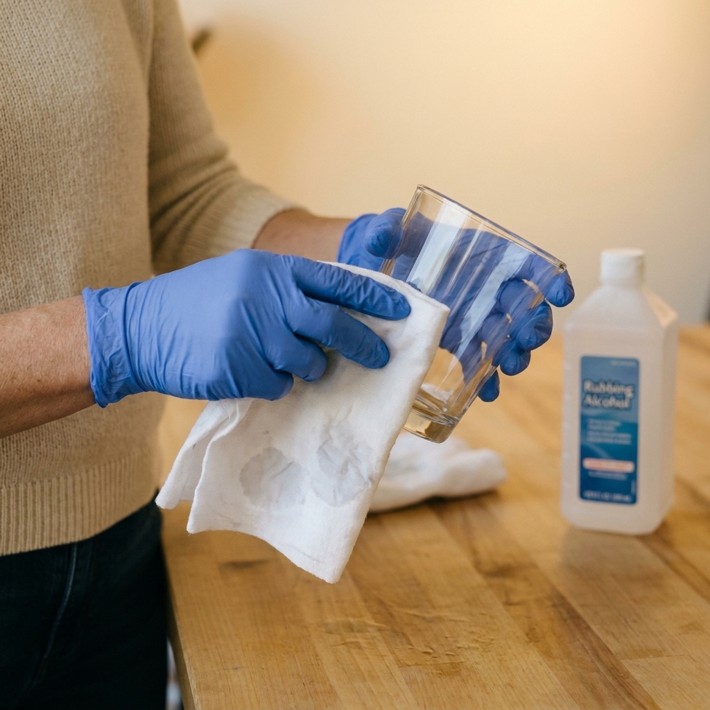 Hands wearing nitrile gloves wiping a clean glass tumbler with a cloth dampened with rubbing alcohol on a work surface