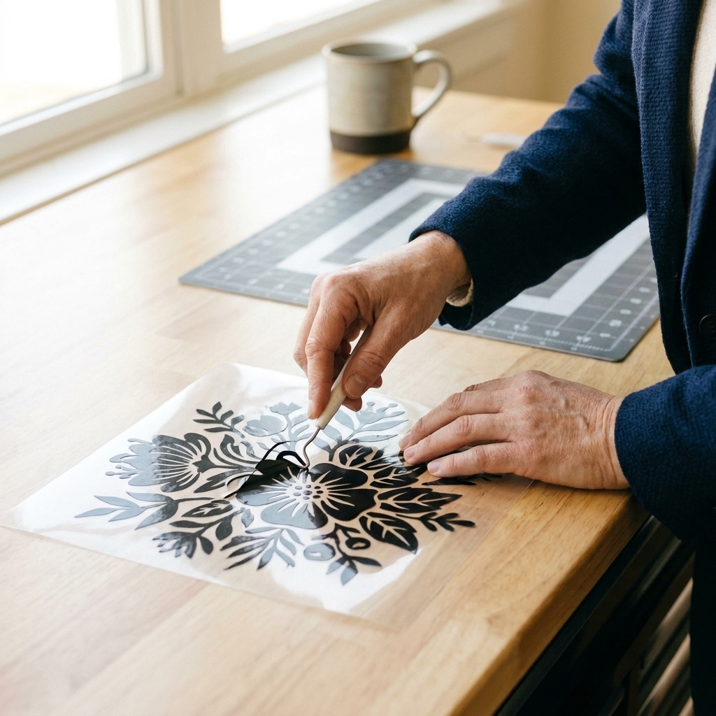 Hands weeding a heat transfer vinyl design while it sits on a clear carrier sheet on a craft table