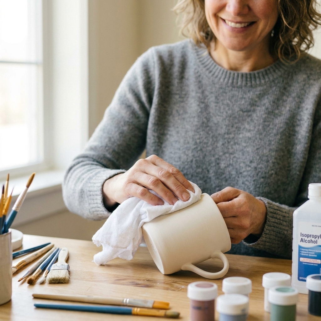 Hands wiping a plain ceramic mug with a lint-free cloth dampened with isopropyl alcohol on a crafting table
