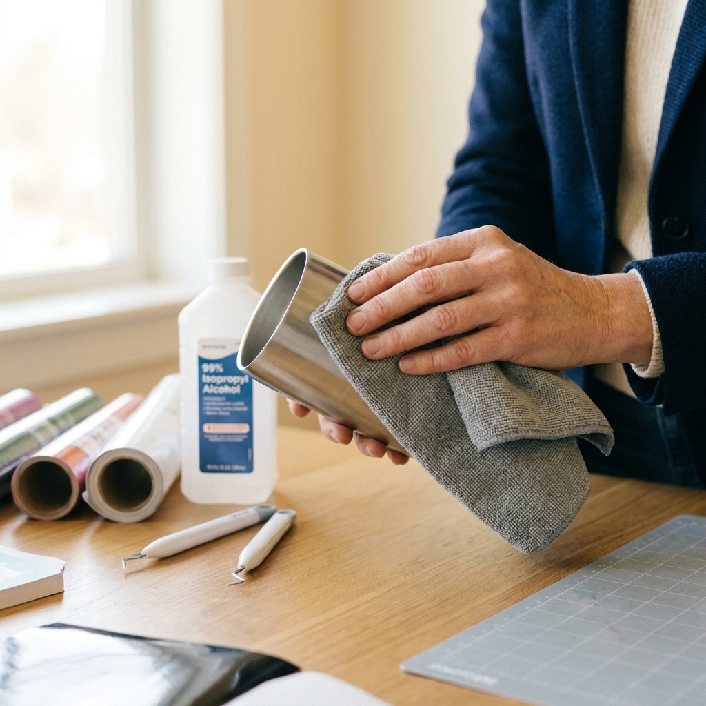 Hands wiping a stainless steel tumbler with a microfiber cloth dampened with isopropyl alcohol on a craft table