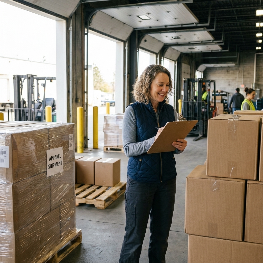 Loading dock area of a large apparel distribution center with pallets and boxes ready to ship