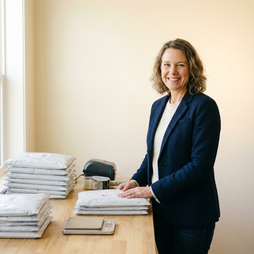 Neatly packaged blank shirts in poly mailers stacked on a small business shipping table