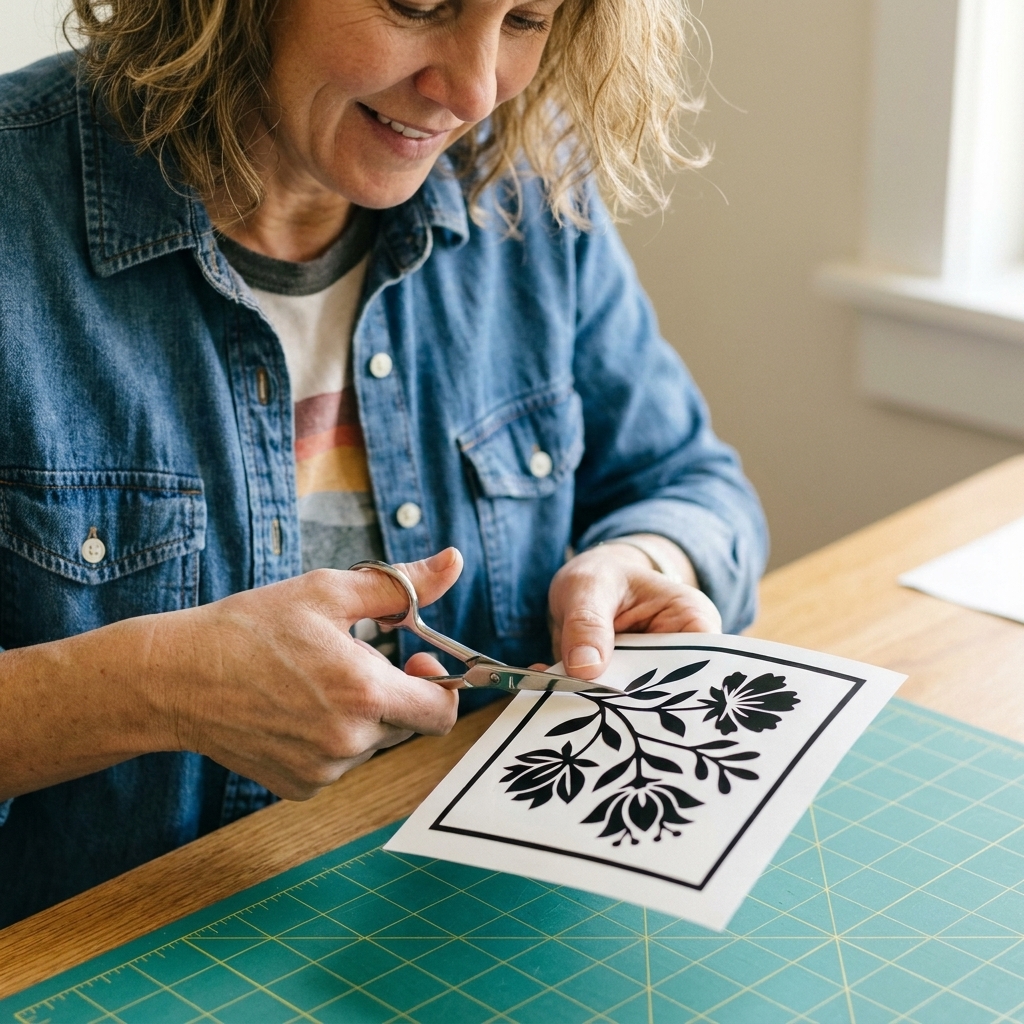 Scissors trimming a rectangular piece of adhesive vinyl with a cut design, leaving a small border around the artwork