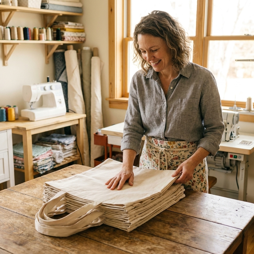 Stack of blank natural cotton canvas tote bags on a wooden table in a craft room