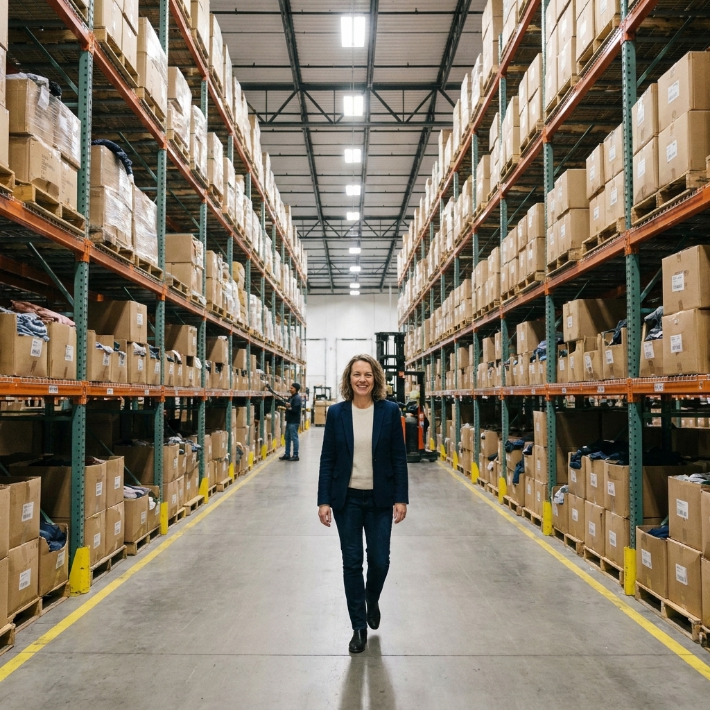 Tall warehouse racks filled with stacked apparel boxes, wide aisle view in a distribution center