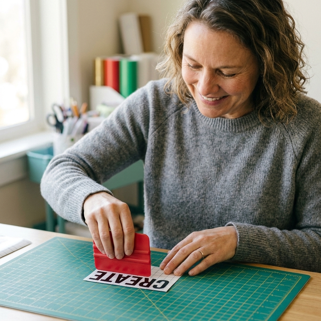 Transfer tape being burnished onto a small vinyl word decal on a cutting mat with a scraper tool nearby