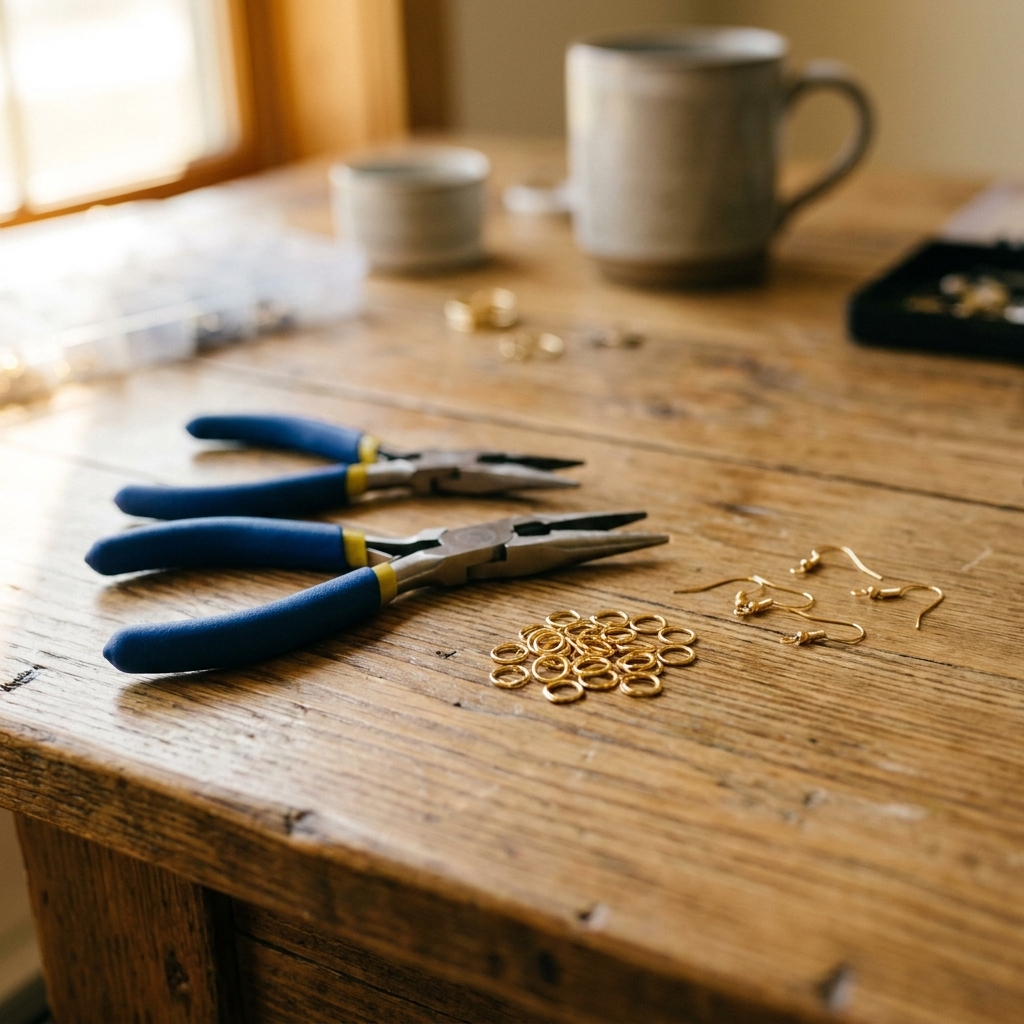 Two pairs of jewelry pliers resting beside gold jump rings and simple fishhook earring findings on a wooden craft table